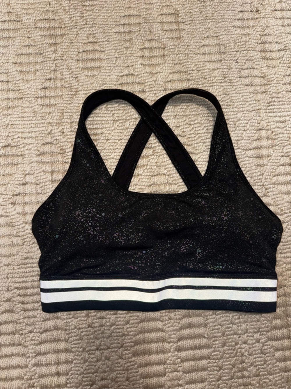 ZYIA Black Mirage Crisscross Sports Bra with White Striped Band